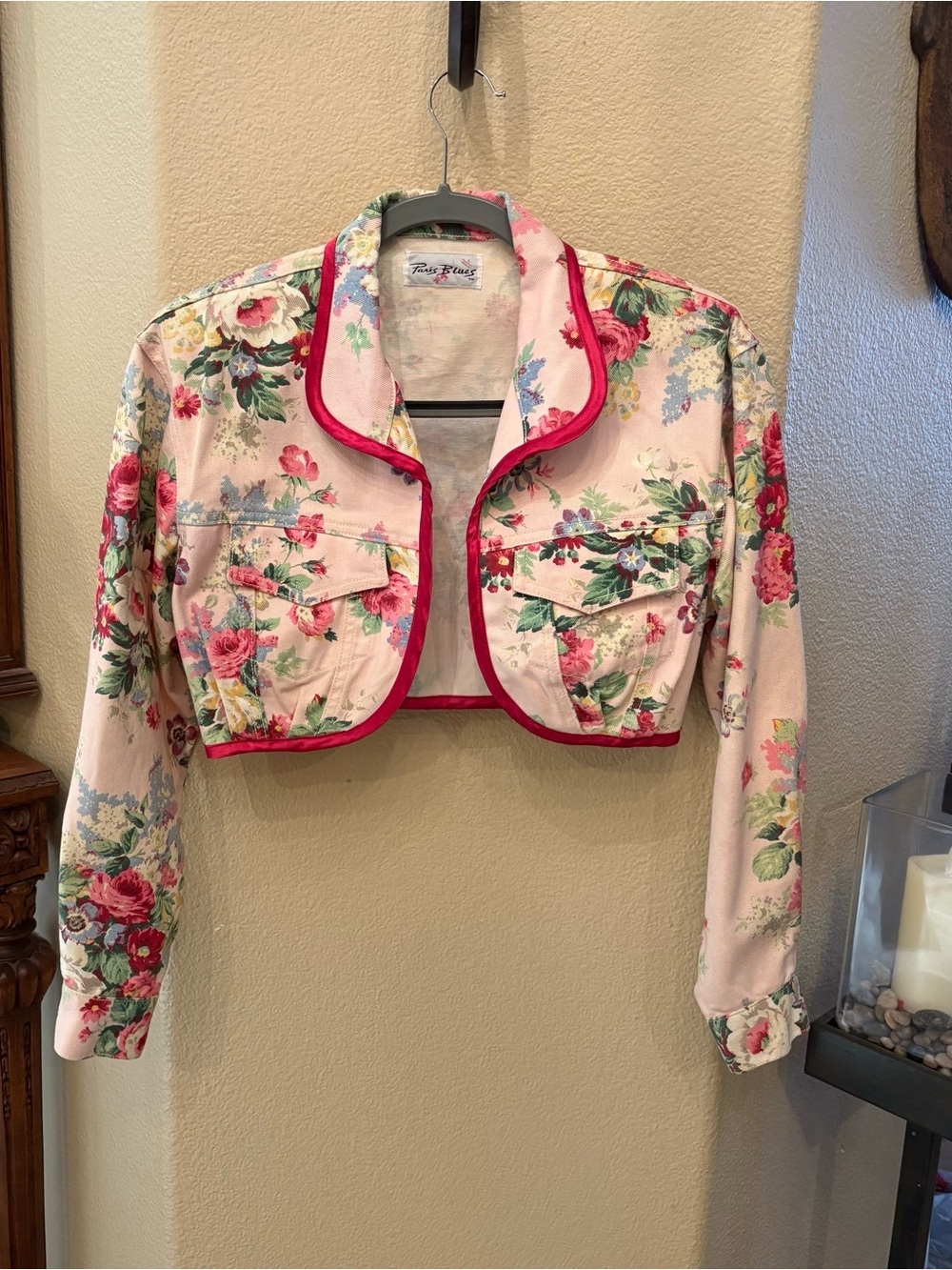 Vintage PARIS BLUES Floral Pink Trim Cropped Denim Open Jacket Size XS/S